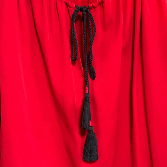 TORY BURCH Sylvie Boho Peasant Blouse Red Silk Scoop Neck Fringe Tassel Size 0 - Picture 4 of 9